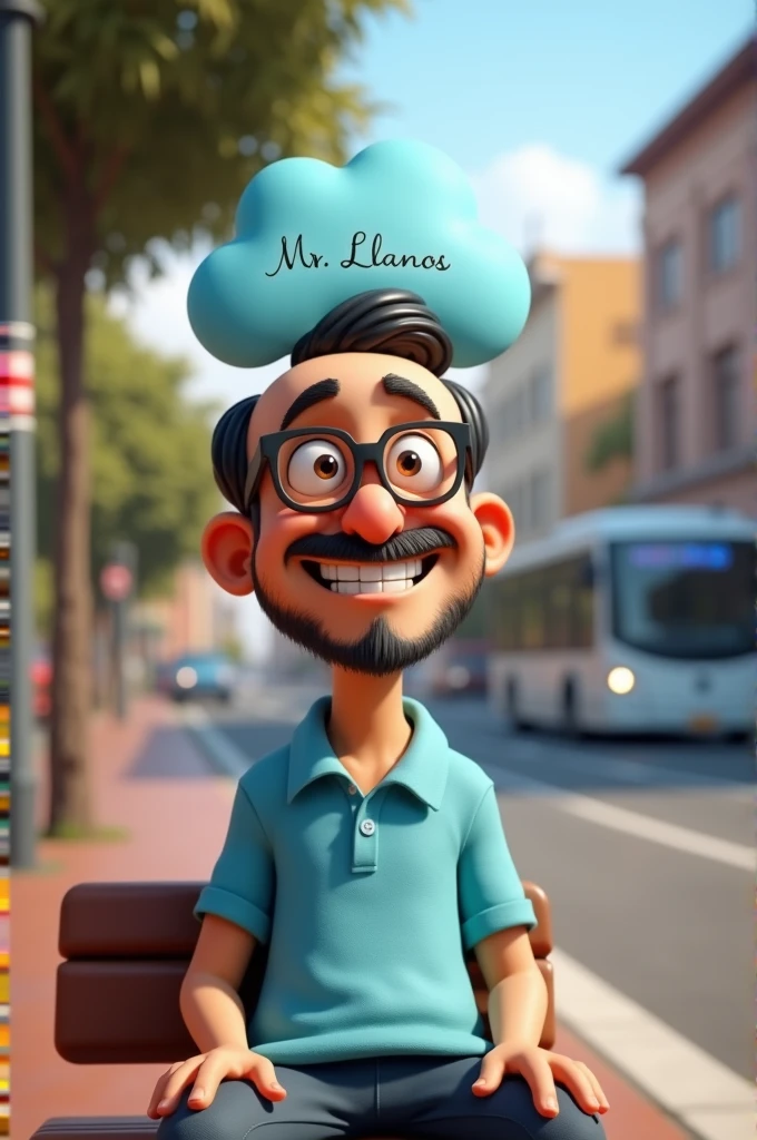 Create a Pixar-style 3D image of a cartoon character. The character is a man with prescription glasses, mustache and short beard wearing a light blue polo shirt. He is sitting at a bus stop, with a very happy expression on his face. The scene should show a busy city street. The character has a cloud above his head with the words Mr. Llanos. (Pixar Style) (Bokeh) (Best Quality) (Detailed Skin) (Detailed Texture) (8k) (Clay) (Cinematic Lighting) (Sharp Focus)
