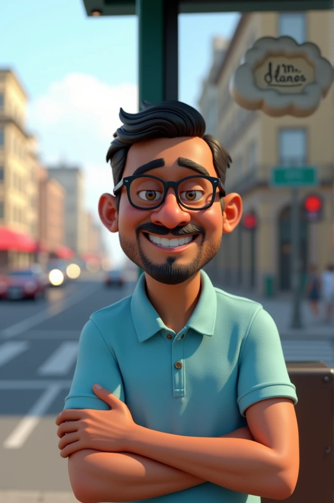 Create a Pixar-style 3D image of a cartoon character. The character is a man with prescription glasses, mustache and short beard wearing a light blue polo shirt. He is sitting at a bus stop, with a very happy expression on his face. The scene should show a busy city street. The character has a cloud above his head with the words Mr. Llanos. (Pixar Style) (Bokeh) (Best Quality) (Detailed Skin) (Detailed Texture) (8k) (Clay) (Cinematic Lighting) (Sharp Focus)