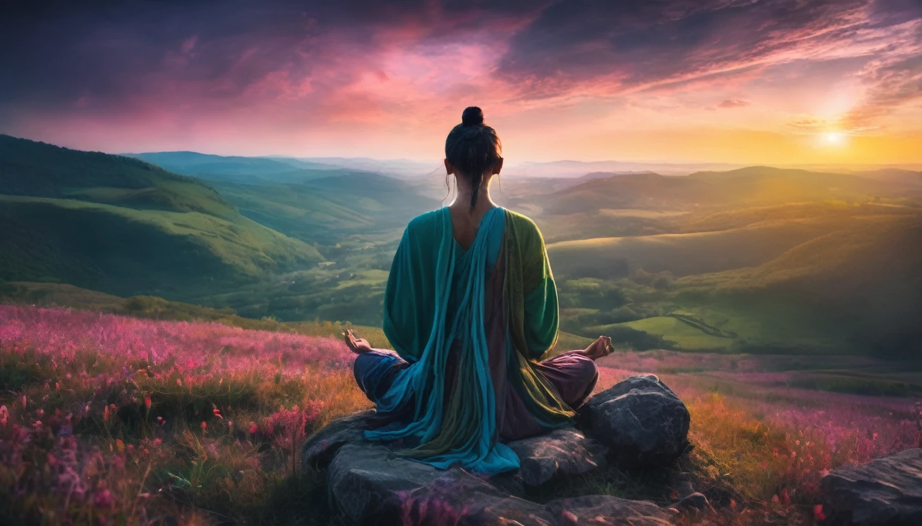 Person meditating. Loose Clothes. beautiful landscape of a changing world. Enchanted World. Feeling of contemplation. Symbols of nature. strong and vibrant colors. cinematic lighting.