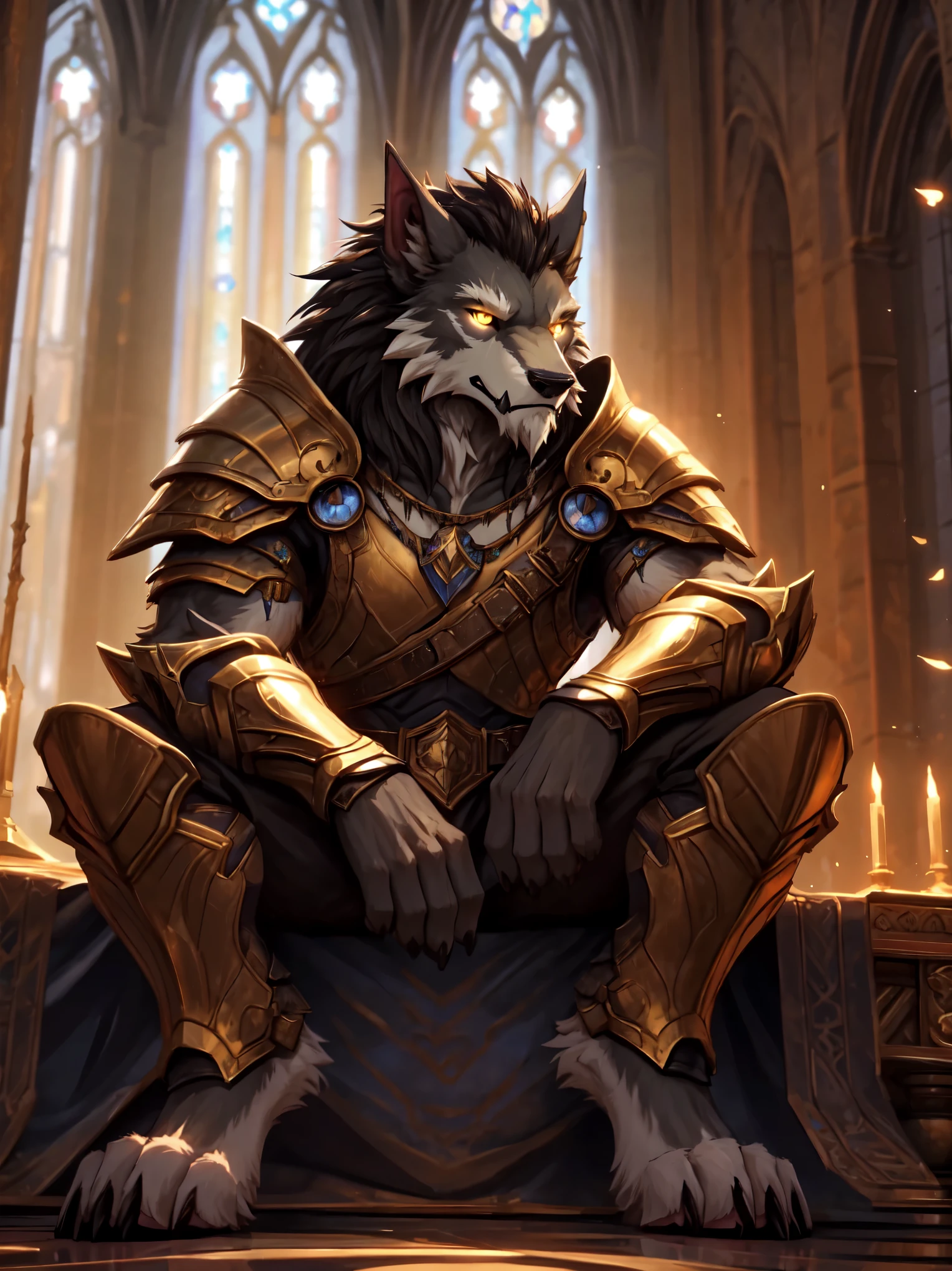 solo,(worgen),mature,male,((white fur)),fluffy furs,gold_eyes,glowing_eyes,handsome,digitigrade,pink pawpads,sitting,armor,Paladin,clothing details,epic,Fantasy,cathedral,Cinematic Lighting,perfect lighting,(best quality),(masterpiece),(ultra detailed),sharp focus,(detailed eyes),depth of field