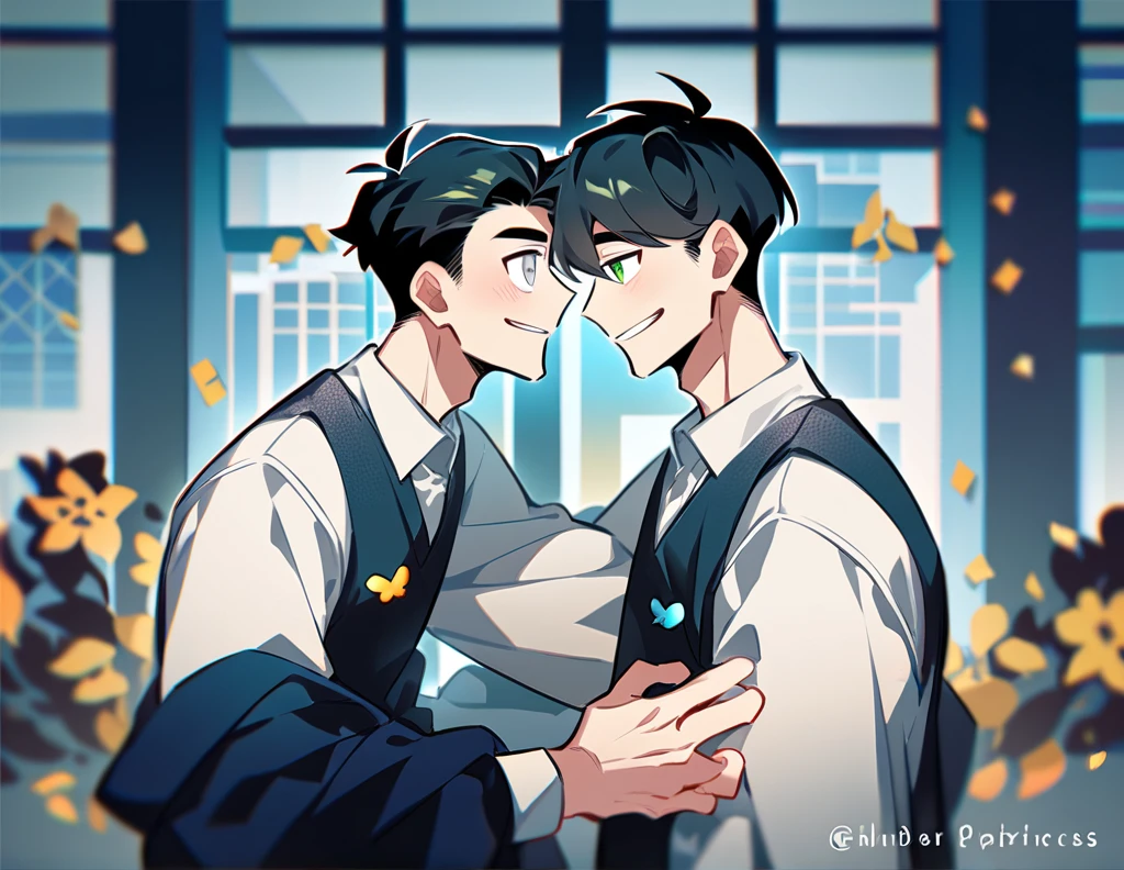 2 young men, focus man , Yaoi, pair, 1 daughter, 2 twin sons, portable princess, bear, look elsewhere, smile, short hair, black hair, green eyes, black hair, gray eyes , The best aesthetics , best quality, Amazing quality, The best aesthetics, nonsense,bright