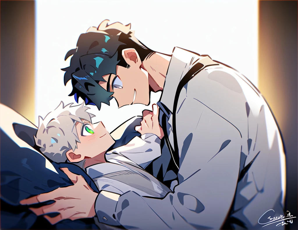 2 young men, focus man , Yaoi, pair, 1 daughter, 2 twin sons, portable princess, bear, look elsewhere, smile, short hair, black hair, green eyes, black hair, gray eyes , The best aesthetics , best quality, Amazing quality, The best aesthetics, nonsense,bright
