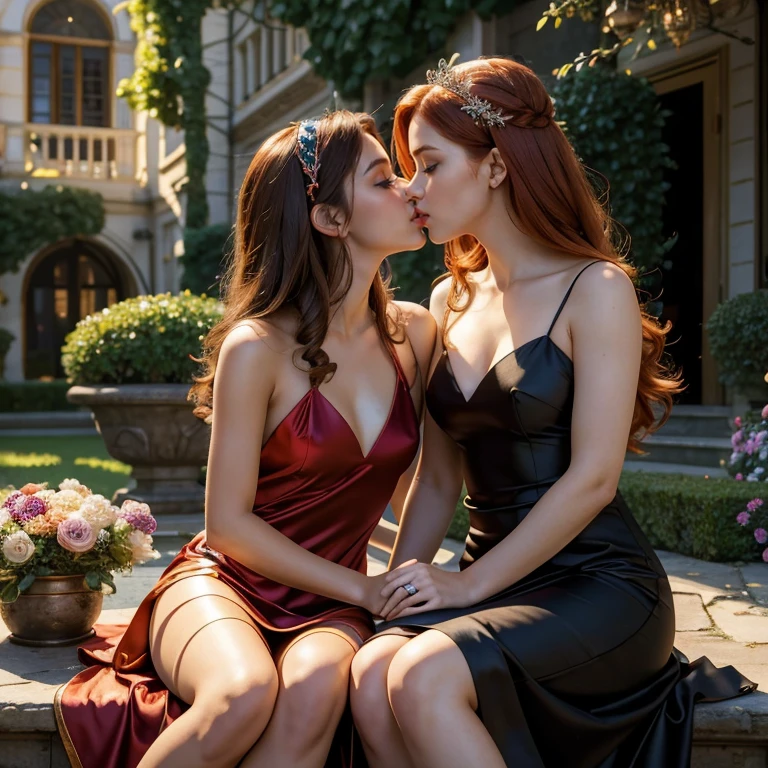 (masterpiece, best quality:1.5), highest quality, High resolution, super detailed, Realists, Upper body photo of a red-haired young girl, detailed and beautiful eyes, beautiful detailed lips, very detailed eyes and face, longeyelashes, Young girl in short dress made of shiny satin fabric, Beautiful and colorful makeup, elegant and noble々Pose,shiny satin headband, grind, Holding flowers, Gardens as background, soft daylight, bright colors, fine brushstrokes, Portrait style, Noble details in the dress fabric, beautiful color palette, glowing skin, First-class rendering, that captures every detail, enchanting atmosphere, subtle shadows and lights, (perfect anatomy:1.2), (The two stunning young girls are sitting in the degree and are deeply in love with each other, (kiss:1.2), (magnificent panorama view:1.2)