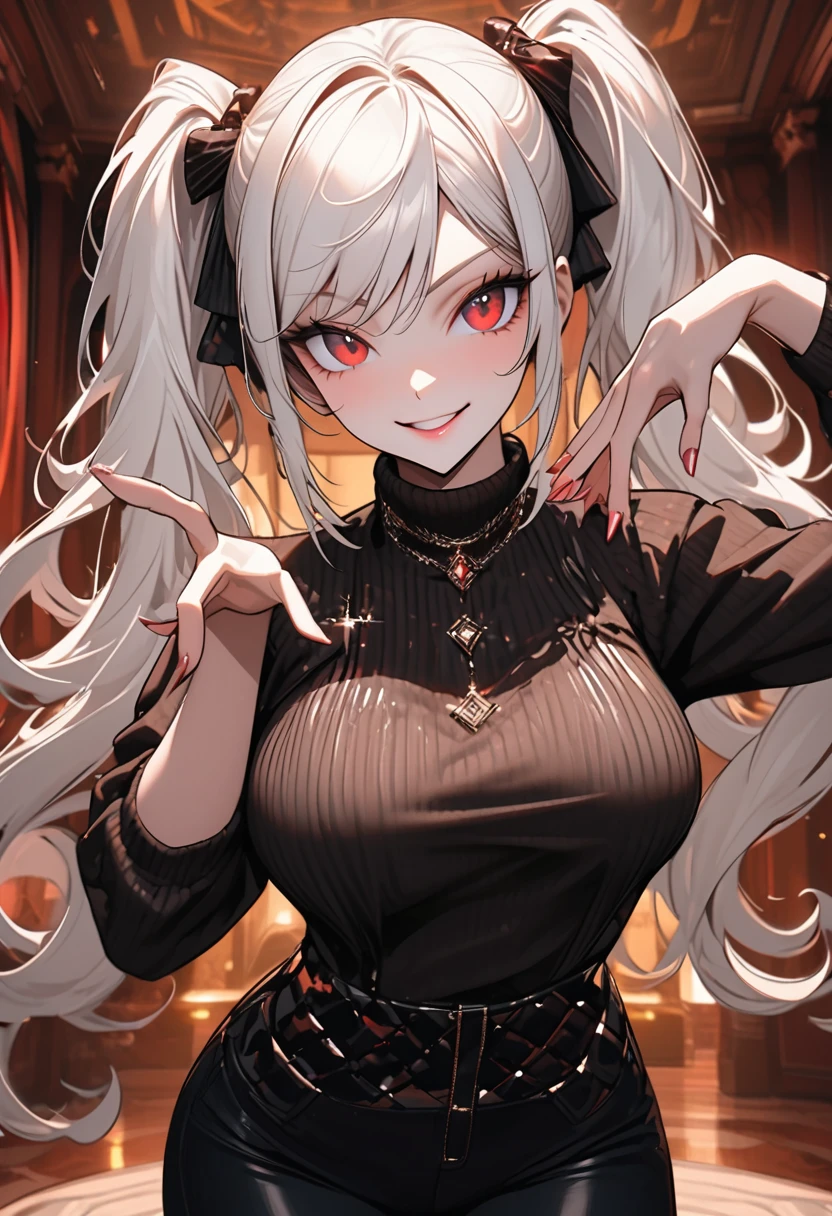 solo, female, tall, red eyes, long fluffy white hair, twin tails, mischievous smile, fun pose, very large breasts:1.3, close up, tomboy, fun, teasing pose, casual clothes, mansion, luxurious, warm, pinup pose, medium shot, futuristic, black jeans, sexy, hands behind back