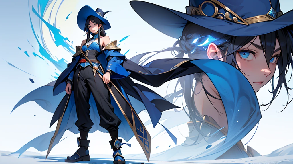 full body head to toe, human woman, sharp blue eyes, round face, small slightly upturned nose, curious expression, shoulder length blue-black hair, an oversized blue wizard hat with a big very large rim, standing showing full hat
