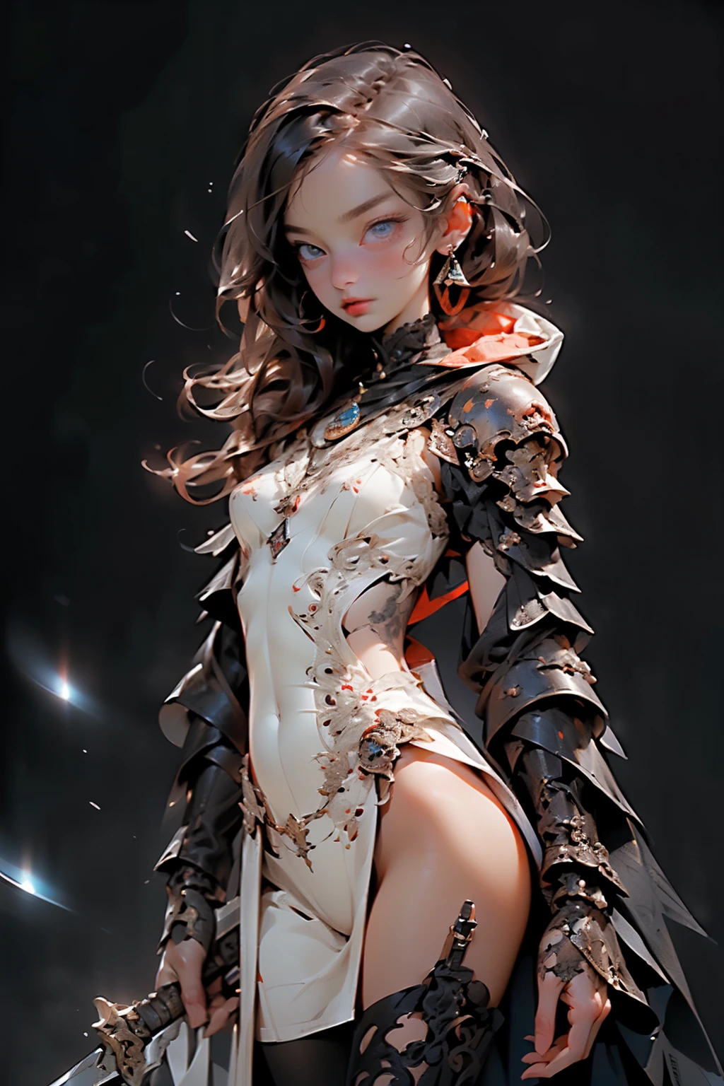 (((masterpiece, of the highest quality, super detailed))), (a female knight of an occult order), ((((a sword with a digital glitch-like effect to the blade as though it is rapidly flickering in and out of reality, with a very slight warping effect around it similar to gravitational lensing, is floating next to her)))), Edwardian/Victorian era inspired, ((minimal but intricate beautiful armour)), Fluttering lace flared dress with frilly petticoats, ((((Highly detailed face))), (((Very sharp focused eyes))), very long eyelashes, small breasts, (((flat chest:1.1))), occult aesthetic, (red and white clothing detailed and intricate steampunk and detailed gothic), (with a hood), complex lace boots