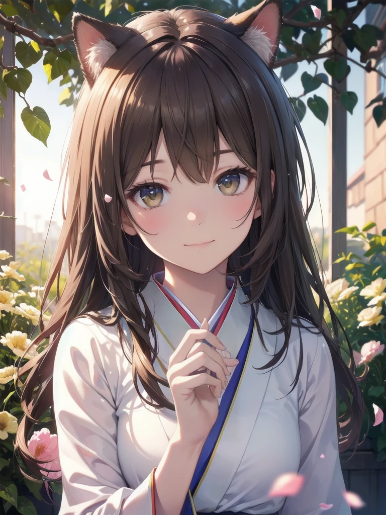 detailed、(Real、Photorealistic、Photorealistic:1.37)、oil、Portraiture、colorful、pastel colour、Soft lighting、garden、Serene atmosphere、Captivating smile、Pure and innocent、Golden Hour、Slightly blurred background、Bright colors、Happy expression、Brown Hair、Semi-long hair、Natural lighting、Floating Petals、Dreamy atmosphere、Breeze、Delicate features、Fluffy cat ears、Drinking green tea、kimono