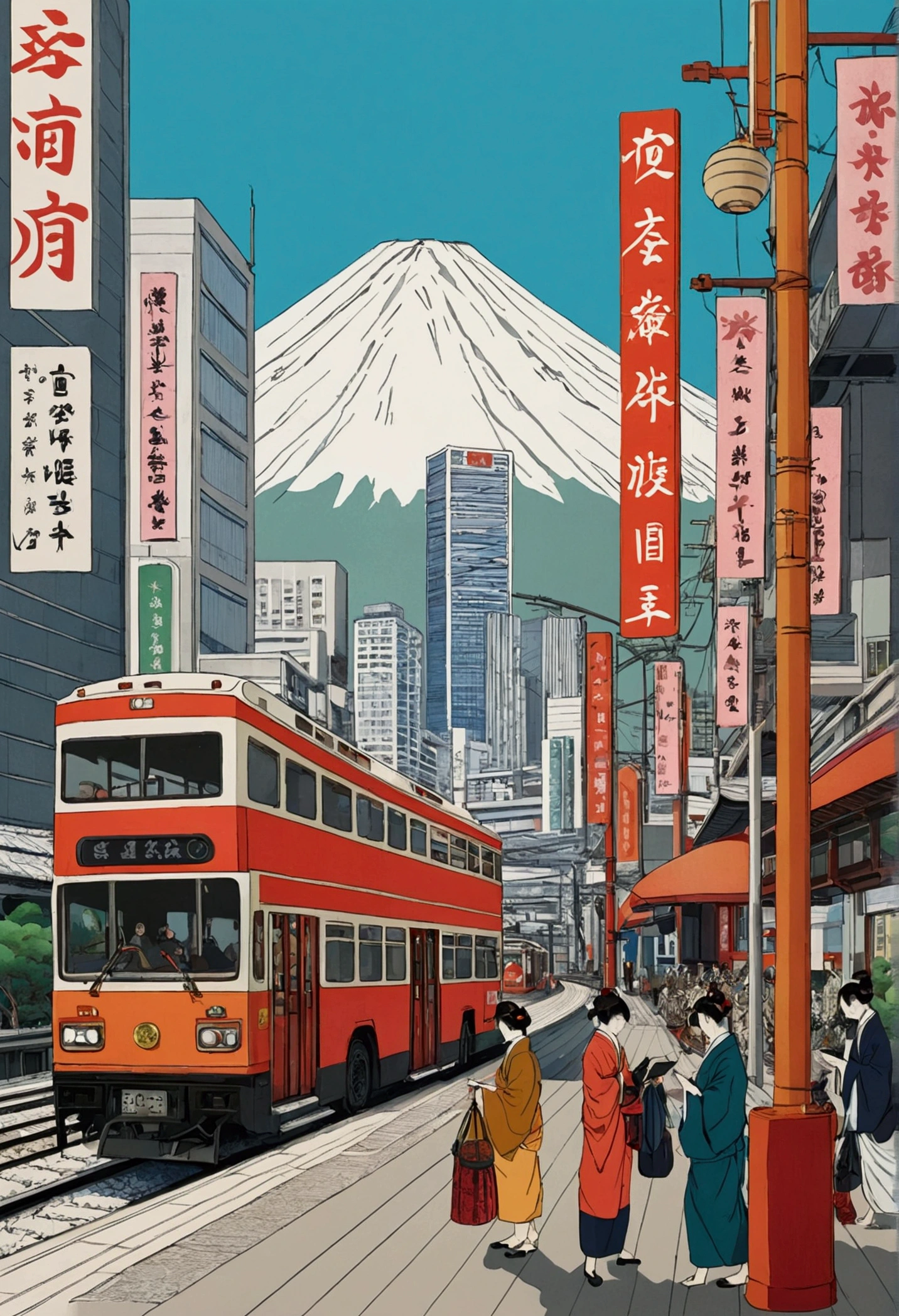 Art that depicts contemporary scenes in the traditional style of Suiboku-ga or Ukiyo-e. For example, depict modern scenes of people using smartphones, skyscrapers, modern transportation (trains and buses), cafes and restaurants. The background should be a combination of traditional Japanese nature and architecture, so that modern and classic elements are in harmony. The color scheme should maintain the simplicity of an ink painting, but add vibrant modern colors in parts.