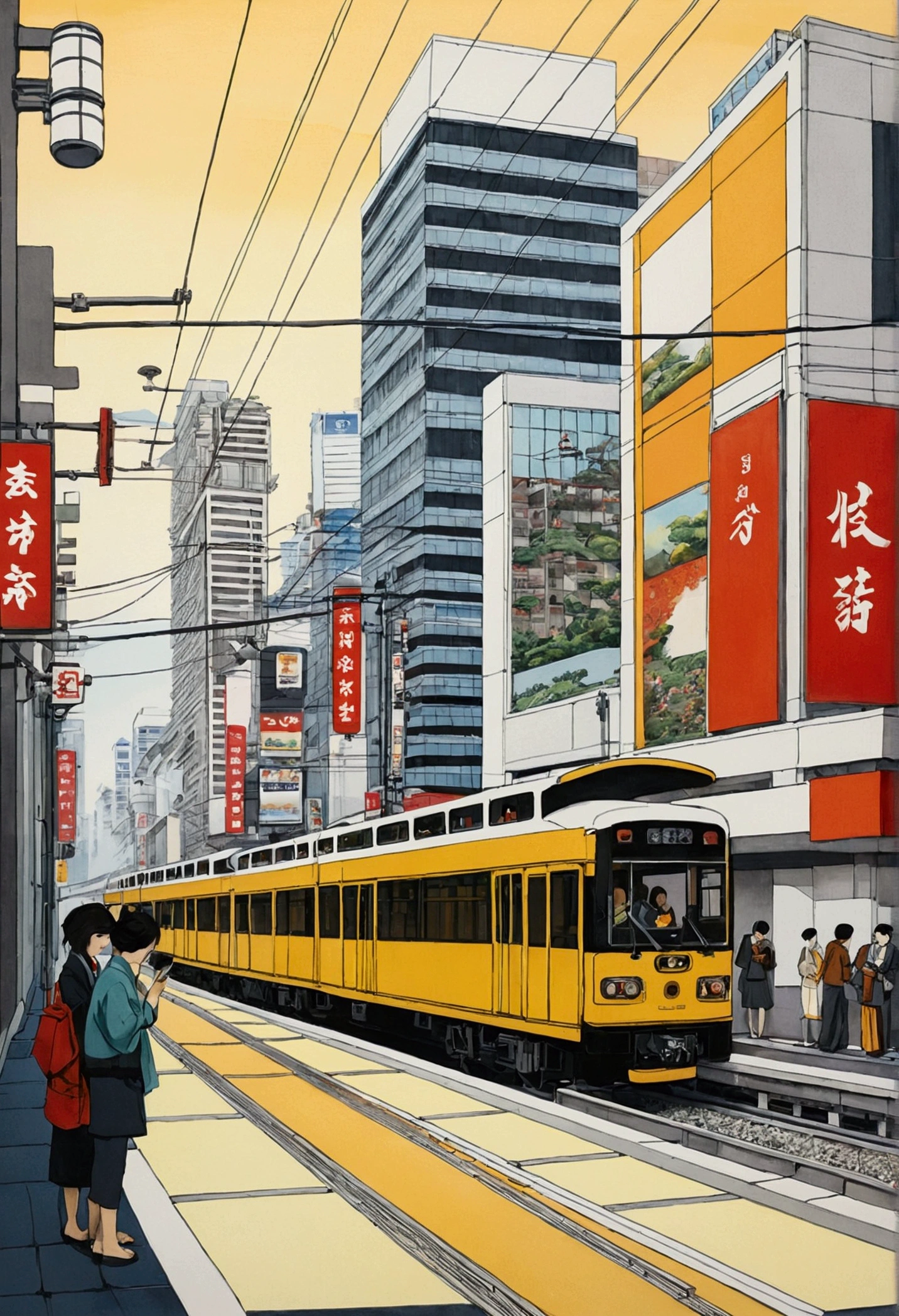 Art that depicts contemporary scenes in the traditional style of Suiboku-ga or Ukiyo-e. For example, depict modern scenes of people using smartphones, skyscrapers, modern transportation (trains and buses), cafes and restaurants. The background should be a combination of traditional Japanese nature and architecture, so that modern and classic elements are in harmony. The color scheme should maintain the simplicity of an ink painting, but add vibrant modern colors in parts.