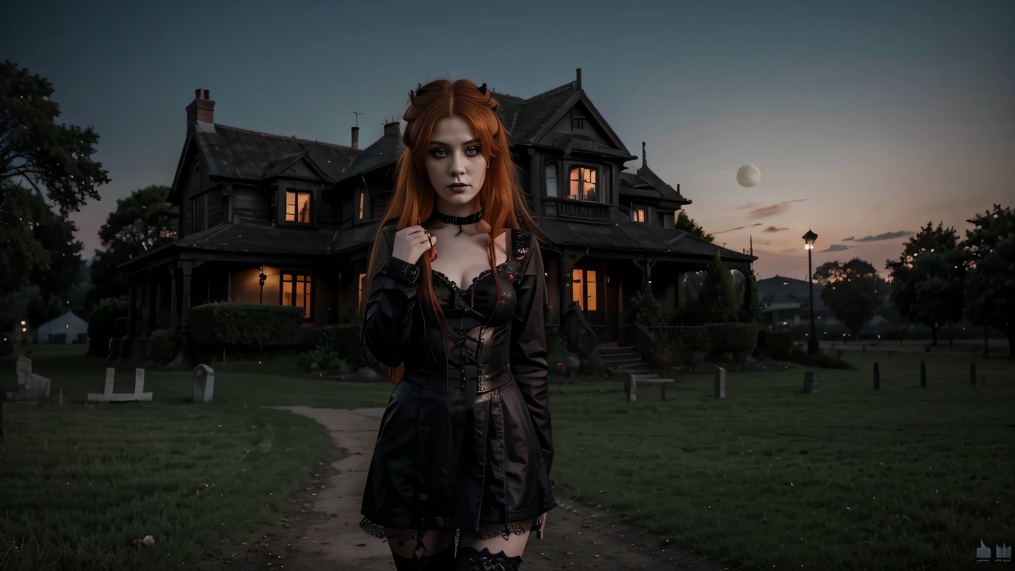 Extremely detailed 4k photograph of a goth girl, bright orange hair, purple eyes, seductive, haunted house, graves, moon in the sky, Blood,