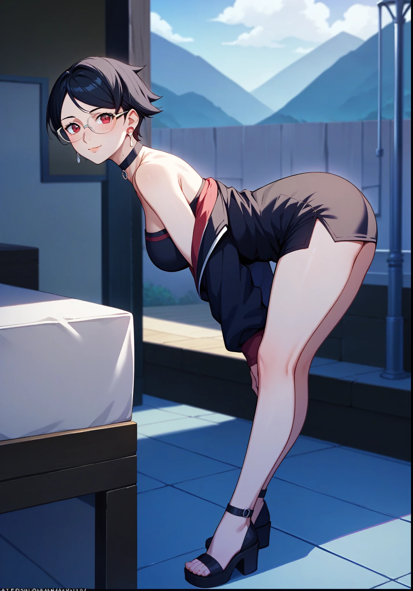 score_9, score_8_up, score_7_up, score_6_up, score_5_up, score_4_up, rating_questionable, , source_anime, digital illustration, pixiv, fanbox, uncensored, , BREAK, official art,
1girl, solo, mature female, sarada, black hair, red eyes, short hair, swept bangs, choker, glasses, earrings,
black jacket, black dress, off shoulder,  upper body, blush, waving,, outdoors, cowboy shot, looking at viewer, colorful, vivid, gaze looking at the camera,