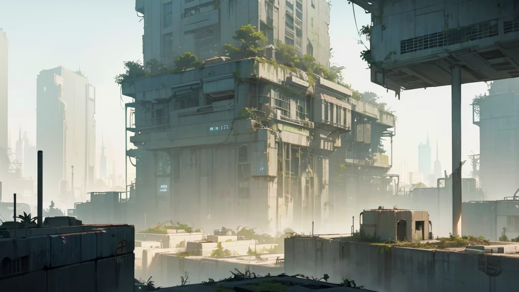 a futuristic abandoned city on top of a building, overgrown with plants, dystopian landscape, detailed environmental elements, moody lighting, cinematic atmosphere, muted color palette, sci-fi, photorealistic, 8k, high quality, masterpiece