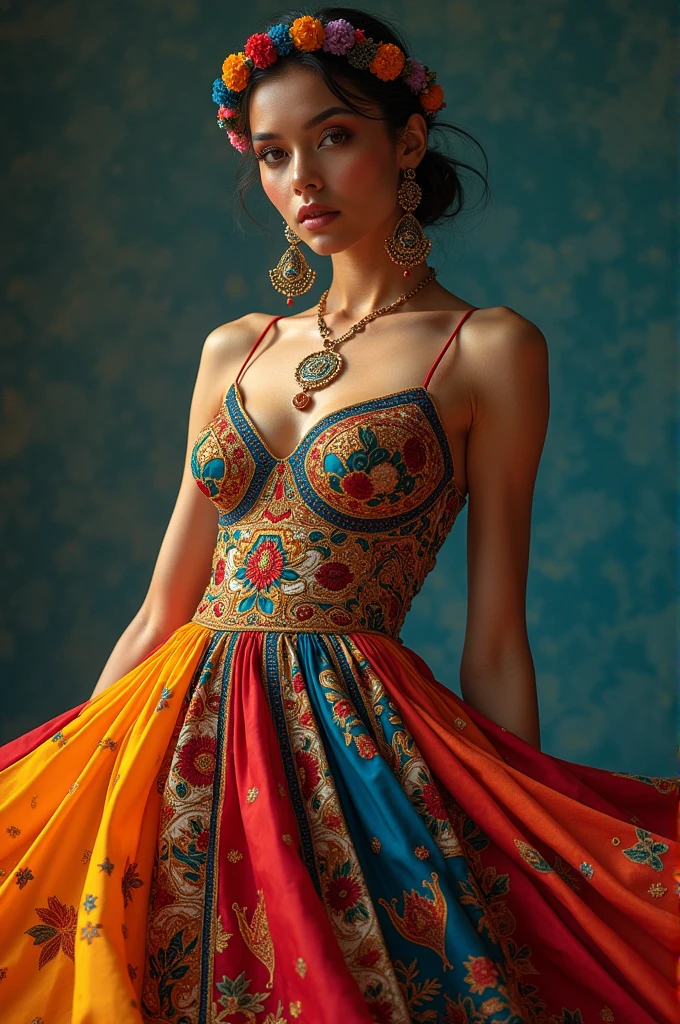(best quality,4k,8k,highres,masterpiece:1.2),ultra-detailed,realistic:1.37,colorful, intricate clothing design, vibrant colors, rich colors, vibrant hues, detailed patterns, elaborate textile, vibrant fabrics, vibrant textures, intricate embroidery, exquisite details, strong contrast, striking silhouette, dynamic poses, energetic, fashionable, stylish, confident, trendy, high-fashion, glamorous lighting