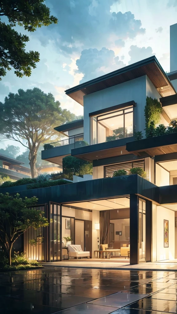 Colorful,(((ultra detalhado))),(((obra de arte))),(obra de arte), (melhor qualidade), (altamente detalhado), (ultra-detalhado) (pastel style) (anime detail) , Visualize a sleek and contemporary mansion set against a backdrop of lush greenery, its modern architectural design seamlessly blending with the surrounding landscape. As raindrops gently cascade down, the tranquil ambiance is punctuated by the soothing sound of rainfall. Despite the inclement weather, rays of sunlight break through the heavy clouds, casting a warm glow across the scene. And amidst the storm, a breathtaking rainbow graces the sky, its vibrant colors arching gracefully over the horizon, a symbol of hope and beauty amidst the tempest."