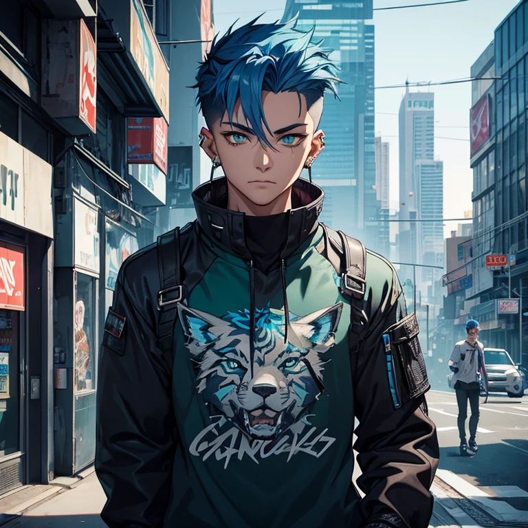 Young man, Blue cyberpunk hair in a wolf cut, green eyes, handsome, piercings, street style clothes, blue tiger shirt