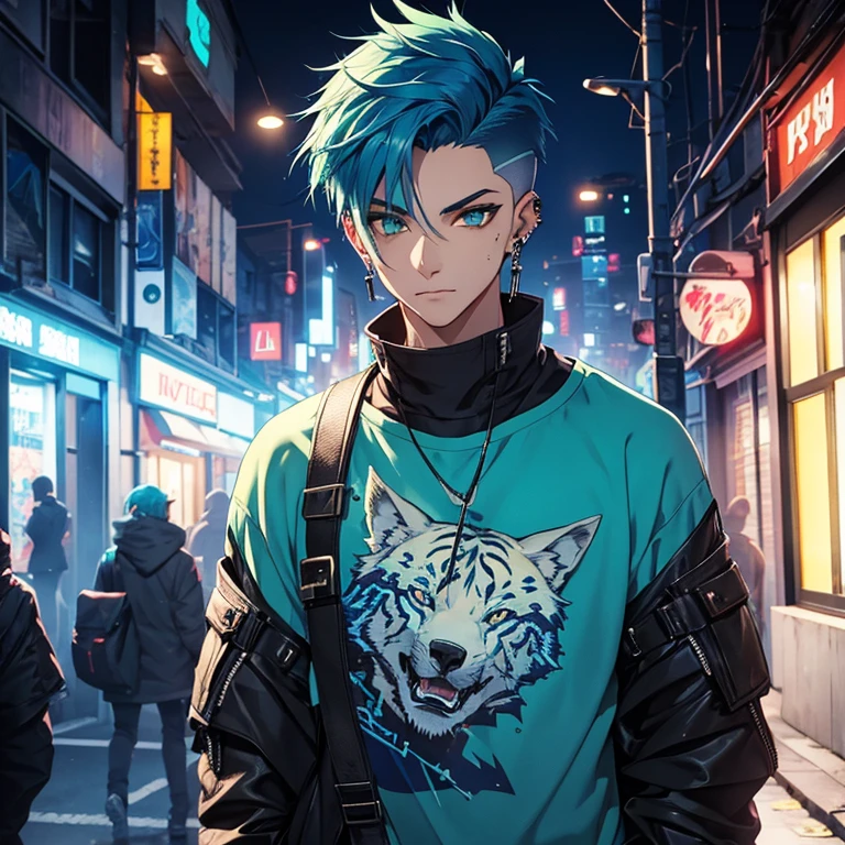Young man, Blue cyberpunk hair in a wolf cut, green eyes, handsome, piercings, street style clothes, blue tiger shirt
