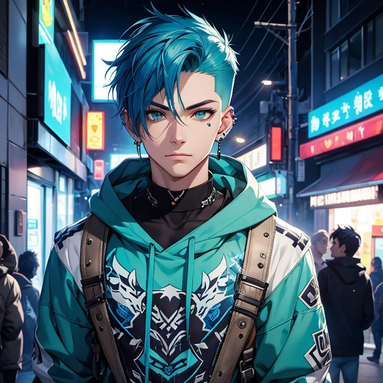 Young man, Blue cyberpunk hair in a wolf cut, green eyes, handsome, piercings, street style clothes, blue tiger shirt