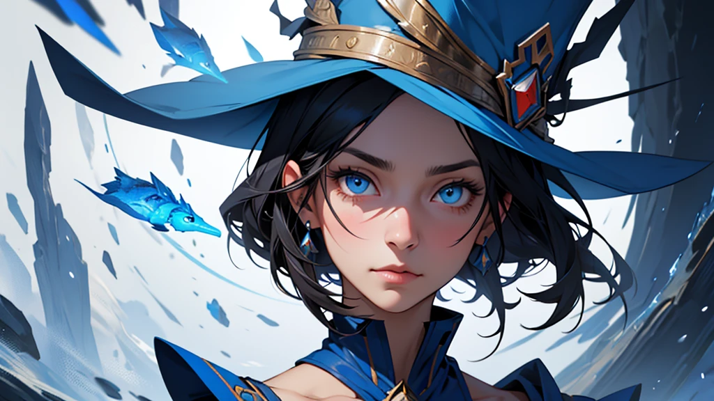 full portrait image bust, human woman, sharp blue eyes, round face, small slightly upturned nose, curious expression, shoulder length blue-black hair, an oversized blue wizard hat with a big very large rim, standing, showing full hat