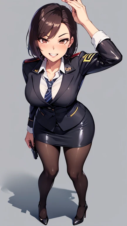 Mature Woman,(uniform,Tight Skirt, High heels,stockings,uniformキャップ)((Female police officer、Female Soldier、Female Executives、n.c.or、assassin)),、((Captivating smile)), (From above:1.1), blush, eyelash, Beautiful Eyes, belly button, Fishnet Focus),Mole on chest, Perfect body, Thick thighs, Wide Hips, Captivating woman, Red lips, Shadow, Villainess,latex,Thigh holster, conceal a gun in one&#39;s thigh,,There is cleavage in the chest,Spread your legs and seduce、Spread your legs、background：Inside the base,Nice hands, Perfect hands,( Detailed Description, High resolution，8k wallpaper，masterpiece，Highest quality,Regional Depth,Anatomically accurate depiction)