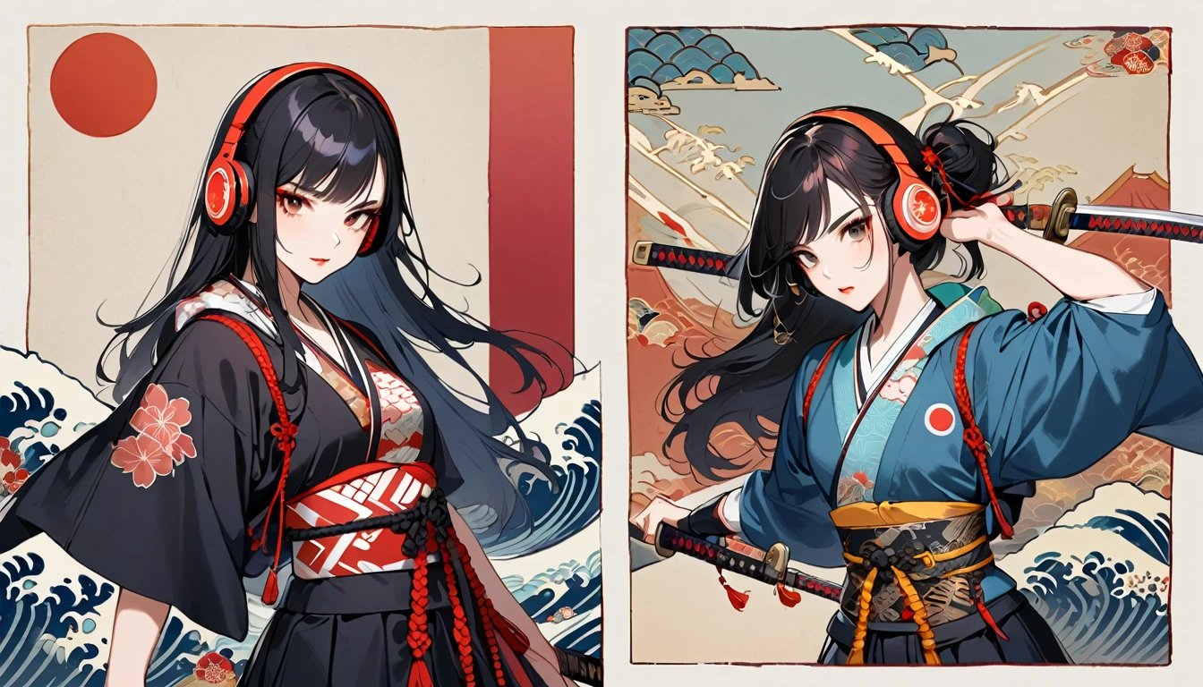 (((2 girl))), (((Flashy makeup))), (((Japanese style headphones))), (((Japanese pattern hoodie))), (((Japanese sword))), (((Female samurai))), Japanese beautiful girl, Black Hair, Delicate and precise, Modern ukiyo-e style, Japanese flag, battle mode