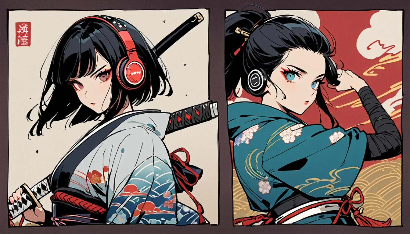 (((2 girl))), (((Flashy makeup))), (((Japanese style headphones))), (((Japanese pattern hoodie))), (((Japanese sword))), (((Female samurai))), Japanese beautiful girl, Black Hair, Delicate and precise, Modern ukiyo-e style, Japanese flag, battle mode