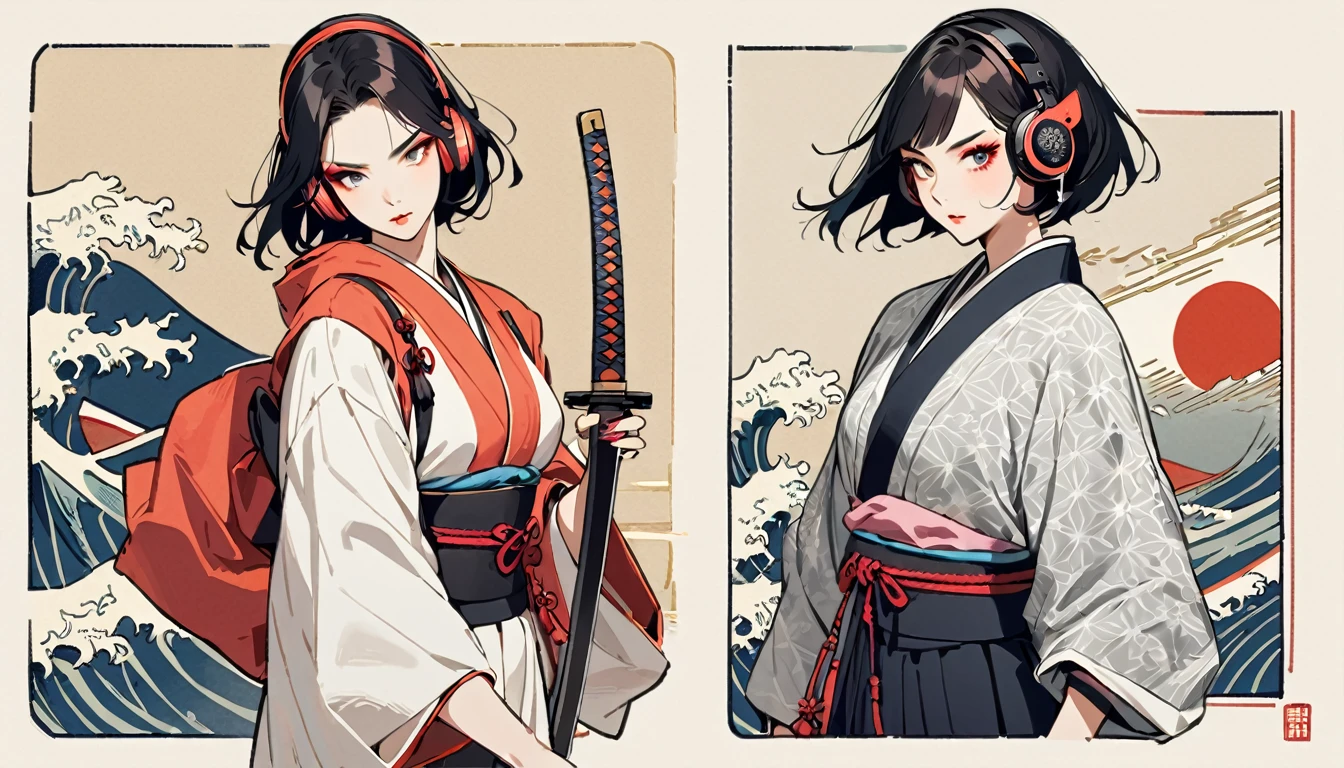 (((2 girl))), (((Flashy makeup))), (((Japanese style headphones))), (((Japanese pattern hoodie))), (((Japanese sword))), (((Female samurai))), Japanese beautiful girl, Black Hair, Delicate and precise, Modern ukiyo-e style, Japanese flag, battle mode