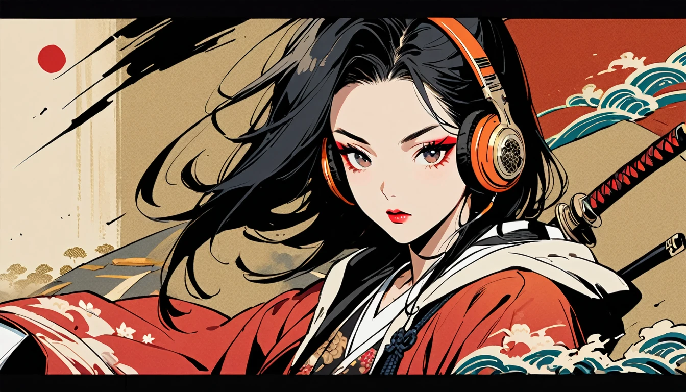 (((2 girl))), (((Flashy makeup))), (((Japanese style headphones))), (((Japanese pattern hoodie))), (((Japanese sword))), (((Female samurai))), Japanese beautiful girl, Black Hair, Delicate and precise, Modern ukiyo-e style, Japanese flag, battle mode
