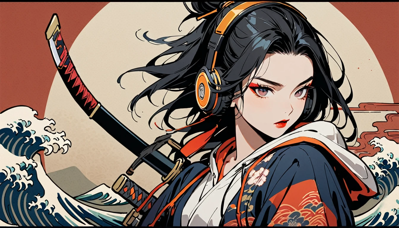 (((2 girl))), (((Flashy makeup))), (((Japanese style headphones))), (((Japanese pattern hoodie))), (((Japanese sword))), (((Female samurai))), Japanese beautiful girl, Black Hair, Delicate and precise, Modern ukiyo-e style, Japanese flag, battle mode