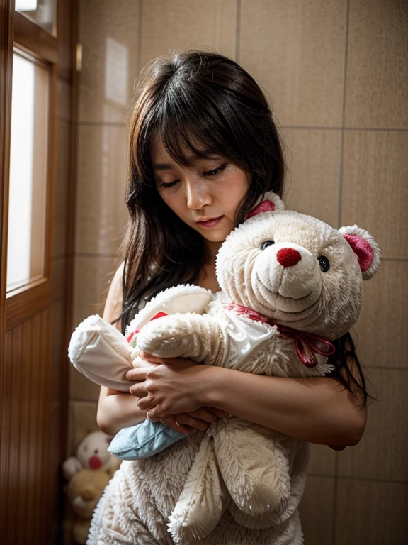 A fully-dressed Japanese beauty is hugged by a stuffed animal and showered with semen