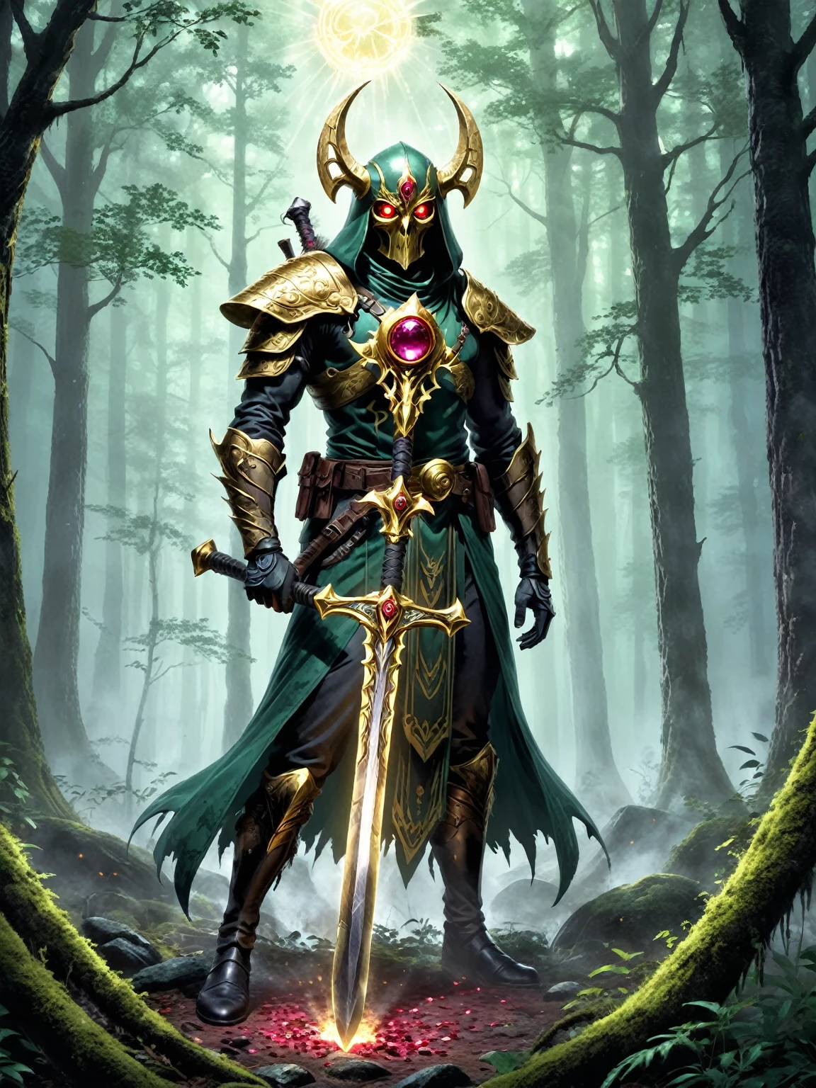 In best quality: The period: mid-18th century. The setting is boreal forests, at the end of a cold and harsh winter. A mercenary specializing in weapons and forest creatures, after a boring lull, his mission is to search for and end a supposed specter called Ankron, who has been tormenting the village, stealing souls to continue living eternally. The specter could only be exterminated before midnight of the Spring Equinox by the blade of a lost relic: the(((GOLDEN AX))). which was inside a transparent and energized orb in the forest, a powerful weapon inlaid with two Rubies looking like eyes in the darkness. dynamic poses, best quality, 8k.