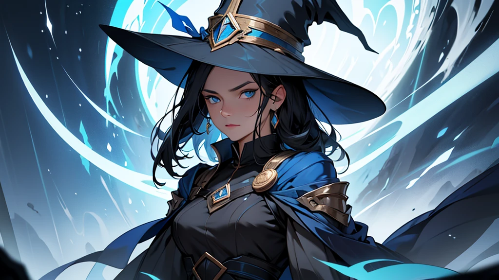 full portrait image, waist up, human woman, sharp blue eyes, round face, small slightly upturned nose, curious expression, shoulder length blue-black hair, an oversized blue wizard hat with a big very large rim, standing, showing full hat