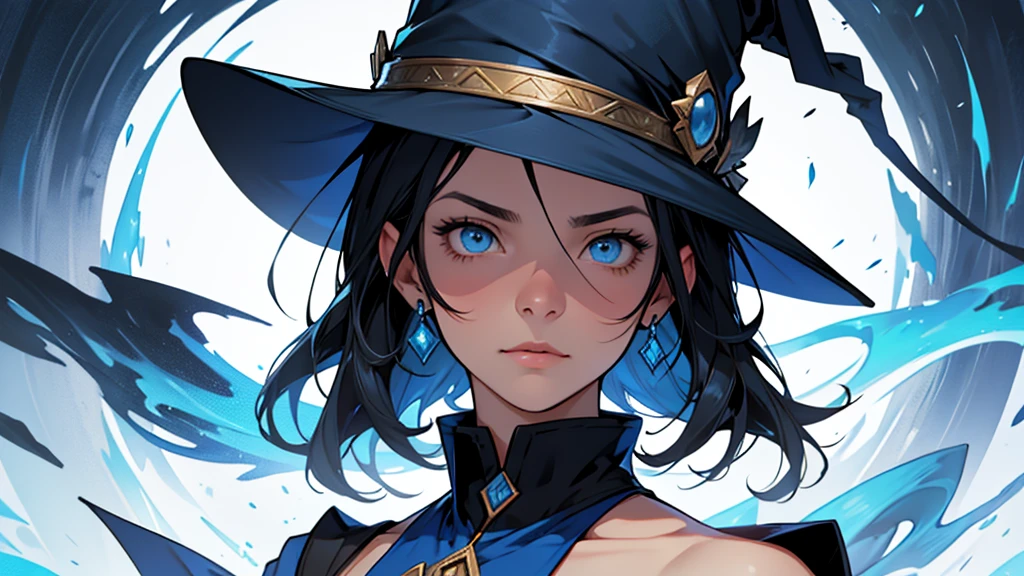 full portrait image, waist up, human woman, sharp blue eyes, round face, small slightly upturned nose, curious expression, shoulder length blue-black hair, an oversized blue wizard hat with a big very large rim, standing, showing full hat