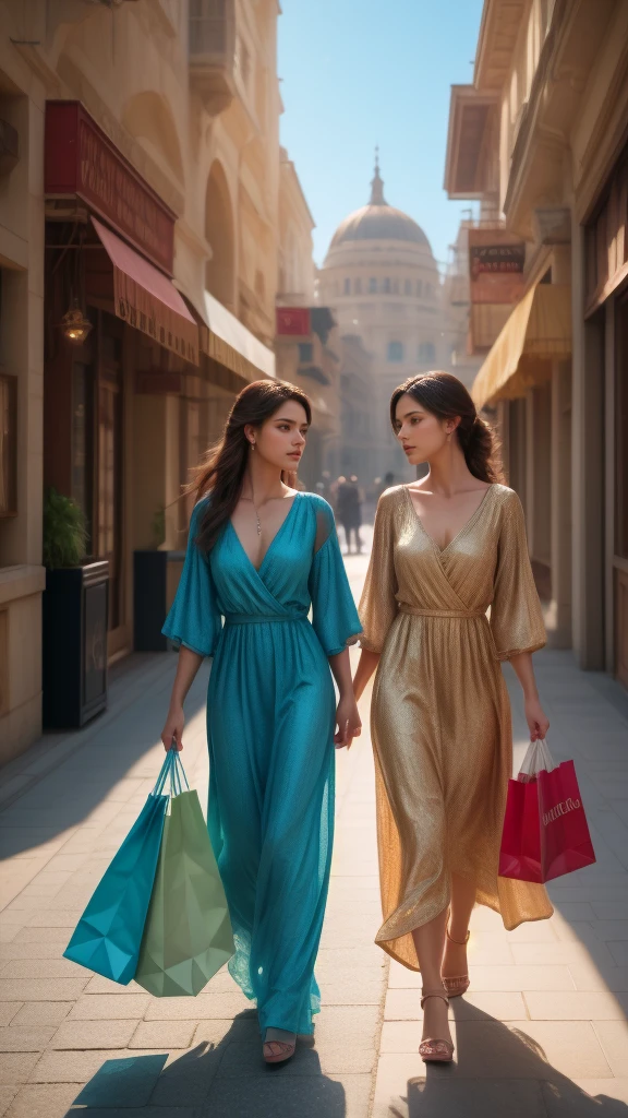 a young woman in a long, flowing dress, walking down a city street carrying shopping bags, another young woman in a similar dress walking beside her, bright sunlight illuminating the scene, ultra-realistic, highly detailed, sharp focus, vibrant colors, photorealistic, 4k, masterpiece