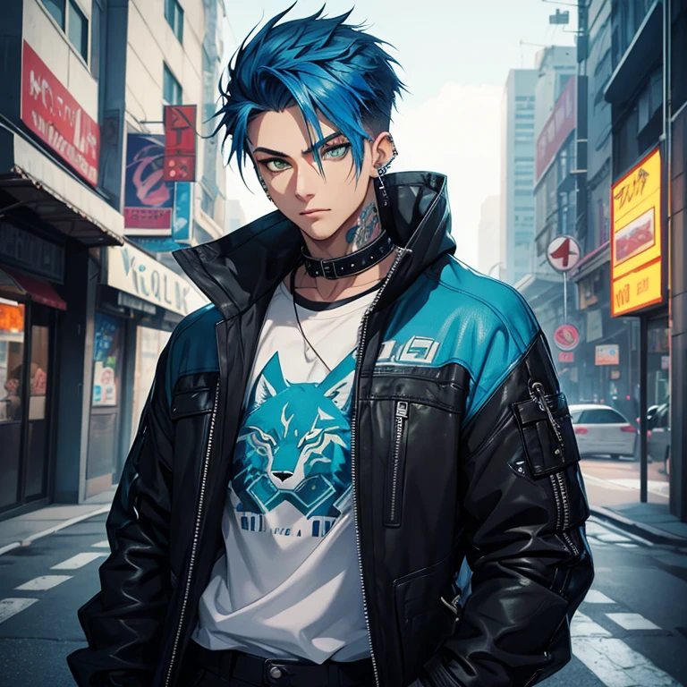 Young man, Blue cyberpunk hair in a wolf cut, green eyes, handsome, piercings, street style clothes, blue tiger on shirt