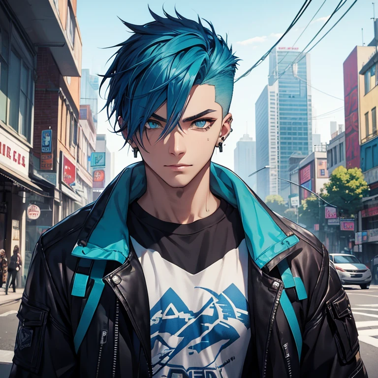 Young man, Blue cyberpunk hair in a wolf cut, green eyes, handsome, piercings, street style clothes, blue tiger on shirt