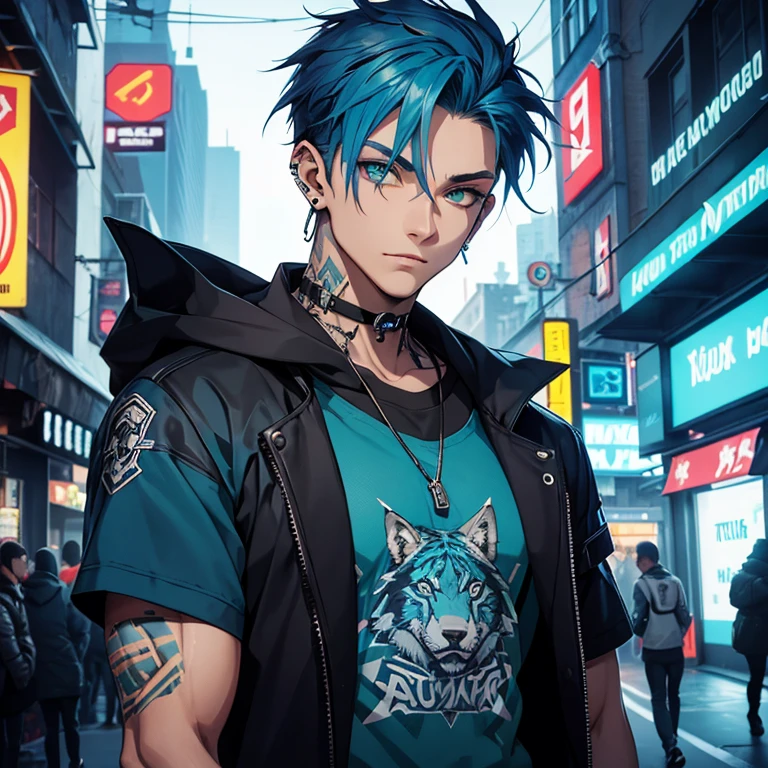 Young man, Blue cyberpunk hair in a wolf cut, green eyes, handsome, piercings, street style clothes, blue tiger on shirt