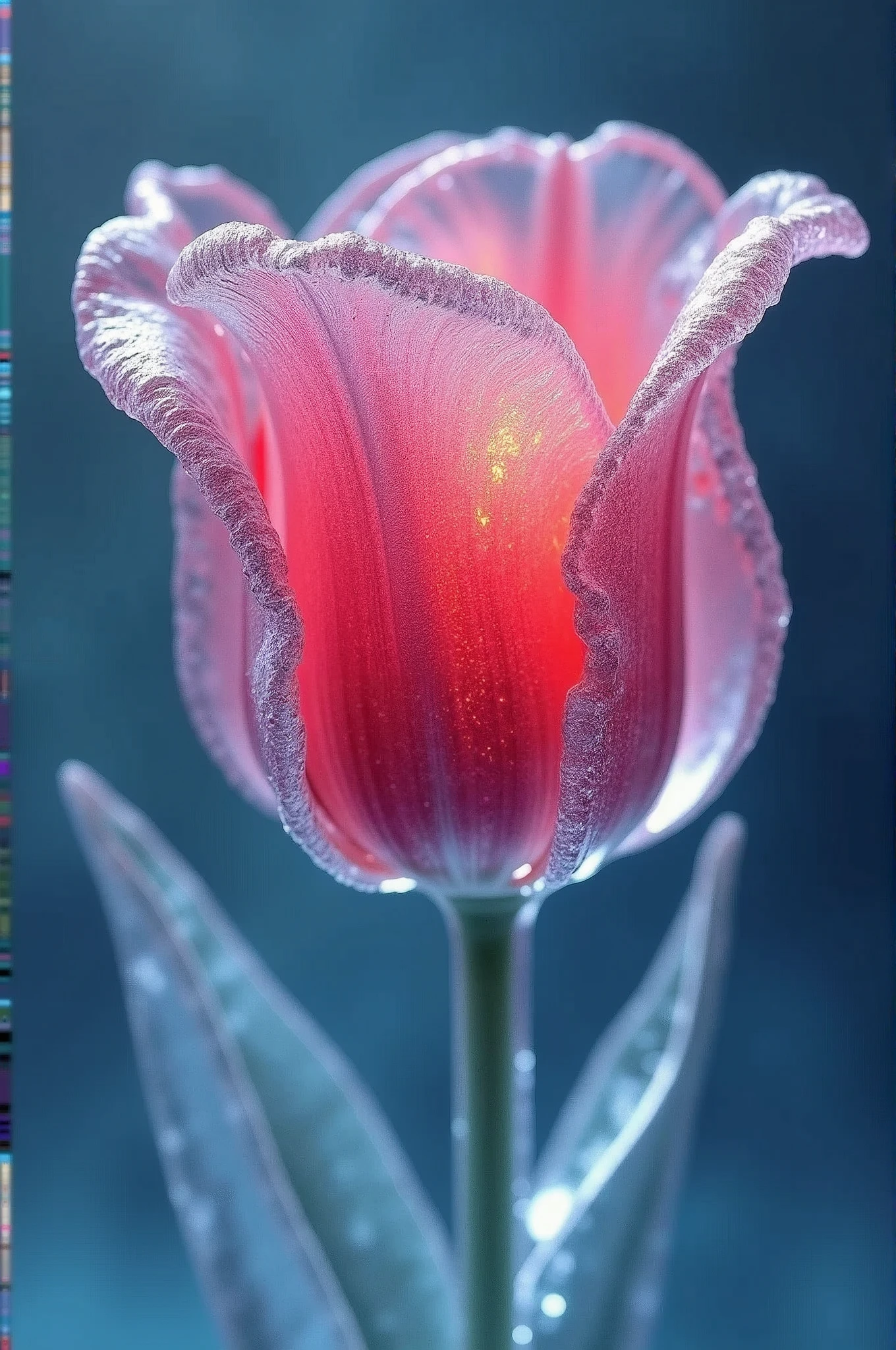  portrait of an ((ice sculpture of a 1single tulip flower: 1.5)), dynamic color icy tulip petals, dynamic background, vivid icy tulip, close up portrait, dynamic background, High Detail, Ultra High Quality, High Resolution, 16K Resolution, Ultra HD Pictures, 3D rendering Ultra Realistic, Clear Details, Realistic Detail, Ultra High Definition,rpg portrait, ice, NRART