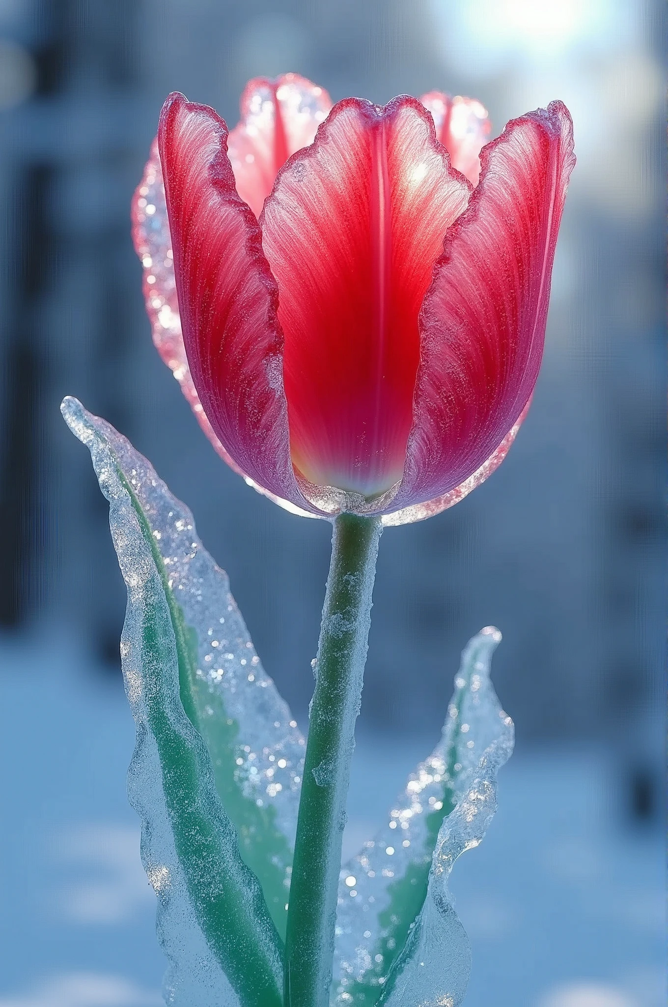  portrait of an ((ice sculpture of a 1single tulip flower: 1.5)), dynamic color icy tulip petals, dynamic background, vivid icy tulip, close up portrait, dynamic background, High Detail, Ultra High Quality, High Resolution, 16K Resolution, Ultra HD Pictures, 3D rendering Ultra Realistic, Clear Details, Realistic Detail, Ultra High Definition,rpg portrait, ice, NRART