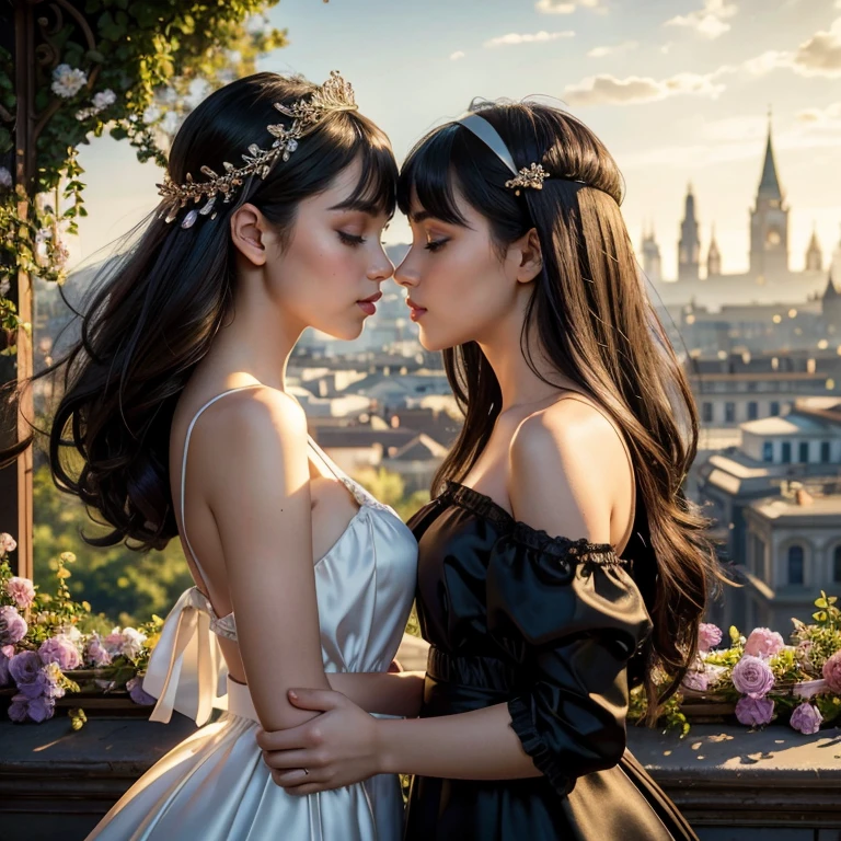 (​masterpiece, best quality:1.5), highest quality, High resolution, super detailed, Realists, Upper body photo of a black-haired young girl, detailed and beautiful eyes, beautiful detailed lips, very detailed eyes and face, longeyelashes, Jubge girls short dress made of shiny satin fabric, Beautiful and colorful makeup, elegant and noble々Pose,shiny satin headband, grind, Holding flowers, Gardens as background, soft daylight, bright colors, fine brushstrokes, Portrait style, Noble details in the dress fabric, beautiful color palette, glowing skin, First-class rendering, that captures every detail, enchanting atmosphere, subtle shadows and lights, (perfect anatomy:1.2), (The two stunning young girls are deeply in love, (kiss:1.2), (magnificent panorama view:1.2)