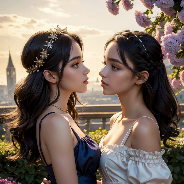 (​masterpiece, best quality:1.5), highest quality, High resolution, super detailed, Realists, Upper body photo of a black-haired young girl, detailed and beautiful eyes, beautiful detailed lips, very detailed eyes and face, longeyelashes, Jubge girls short dress made of shiny satin fabric, Beautiful and colorful makeup, elegant and noble々Pose,shiny satin headband, grind, Holding flowers, Gardens as background, soft daylight, bright colors, fine brushstrokes, Portrait style, Noble details in the dress fabric, beautiful color palette, glowing skin, First-class rendering, that captures every detail, enchanting atmosphere, subtle shadows and lights, (perfect anatomy:1.2), (The two stunning young girls are deeply in love, (kiss:1.2), (magnificent panorama view:1.2)