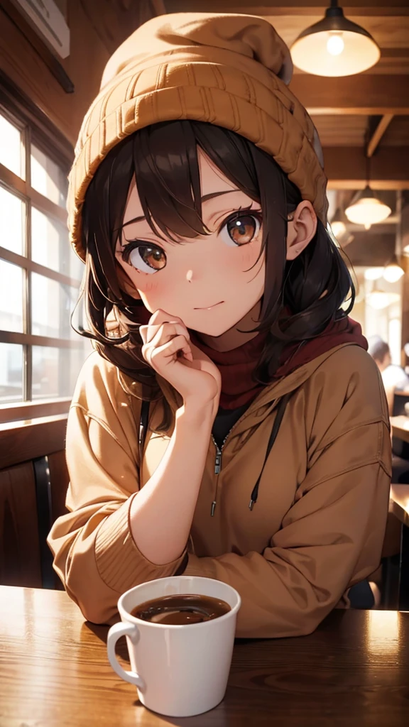 girl wearing light brown oversized hoodie, wearing a light brown beanie, seating across a brown timber table in a restaurant drinking coffee, looking at the coffee