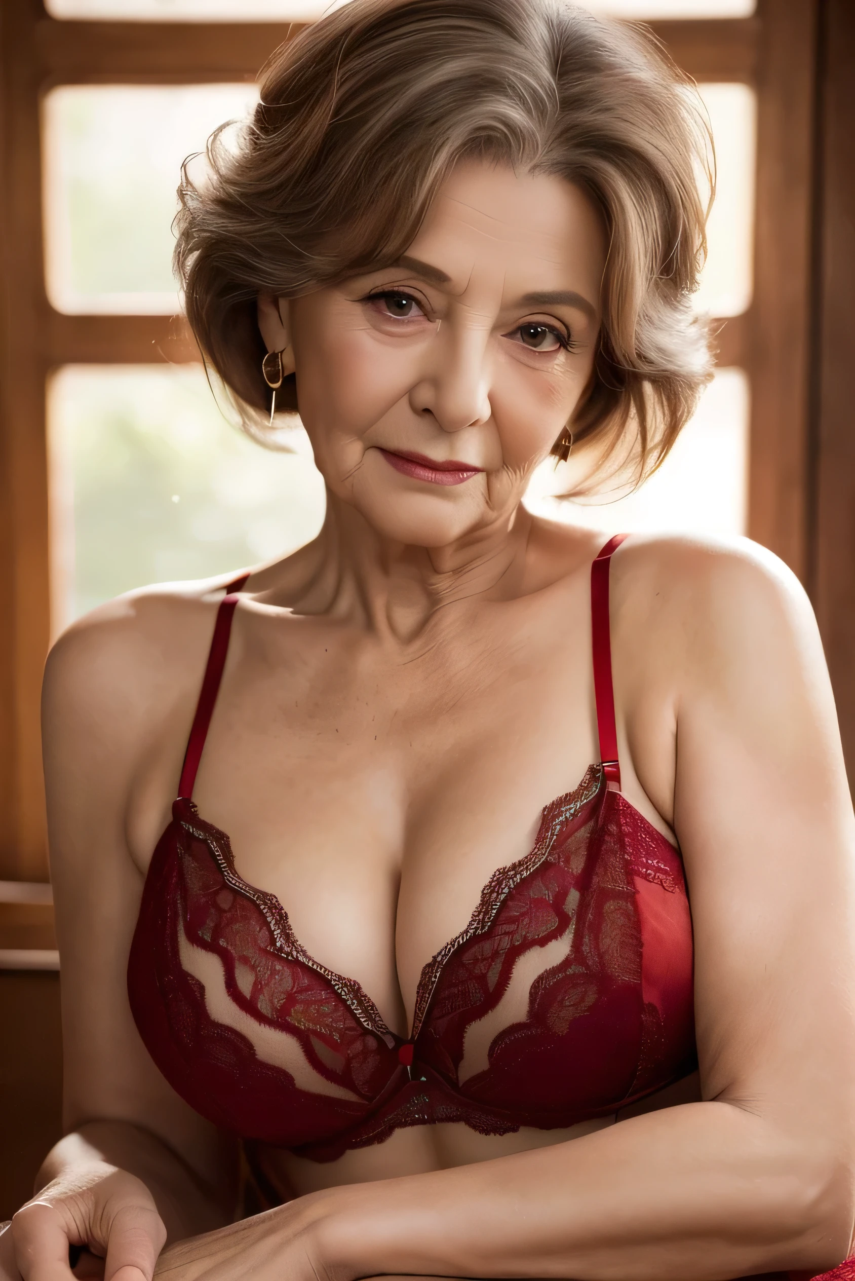 Highest quality, masterpiece, High resolution, Realistic, RAW Photos, 8k wallpaper, perfection, Professional Lighting, Very detailed, ((Beautiful old woman)), 80 years old, Sexy old woman, ((Sexy red lingerie), Cleavage, Upper Body, ((look into the viewer&#39;eye)), Detailed face, Beautiful eye, ((I&#39;looking forward to it)), In the stylish dining room, sunny, bangs, Shapely breasts, Short Bob Hair, Plump and glossy lips, Cowboy Shot, ((Place your arms between your legs))