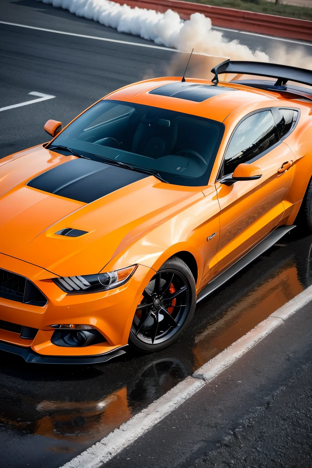 Orange Mustang car with splash and smoke on an asphalt ((best qualityer)), ((work of art)), (detailded), (ultra realisitic), 4K