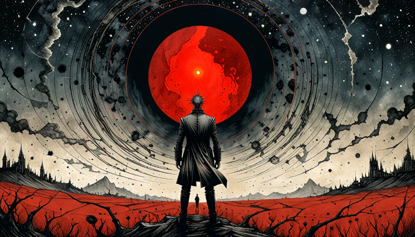 in style of Santiago Caruso,Linear delusion, Collage art：A man standing in a field，Behind me is a huge red sun，Fantasy Art, galaxy,illustration, Vector