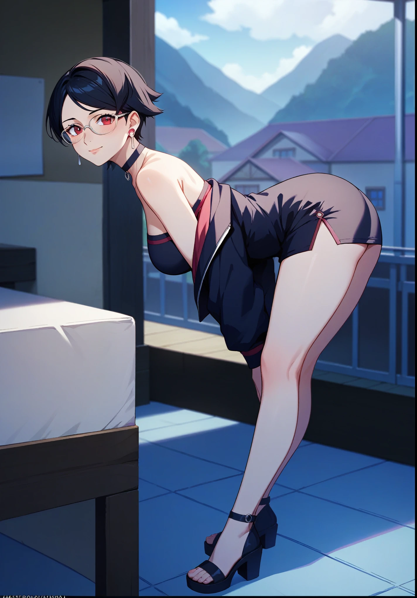 score_9, score_8_up, score_7_up, score_6_up, score_5_up, score_4_up, rating_questionable, , source_anime, digital illustration, pixiv, fanbox, uncensored, , BREAK, official art,
1girl, solo, mature female, sarada, black hair, red eyes, short hair, swept bangs, choker, glasses, earrings,
black jacket, black dress, off shoulder,  upper body, blush, waving,, outdoors, cowboy shot, looking at viewer, colorful, vivid, gaze looking at the camera,