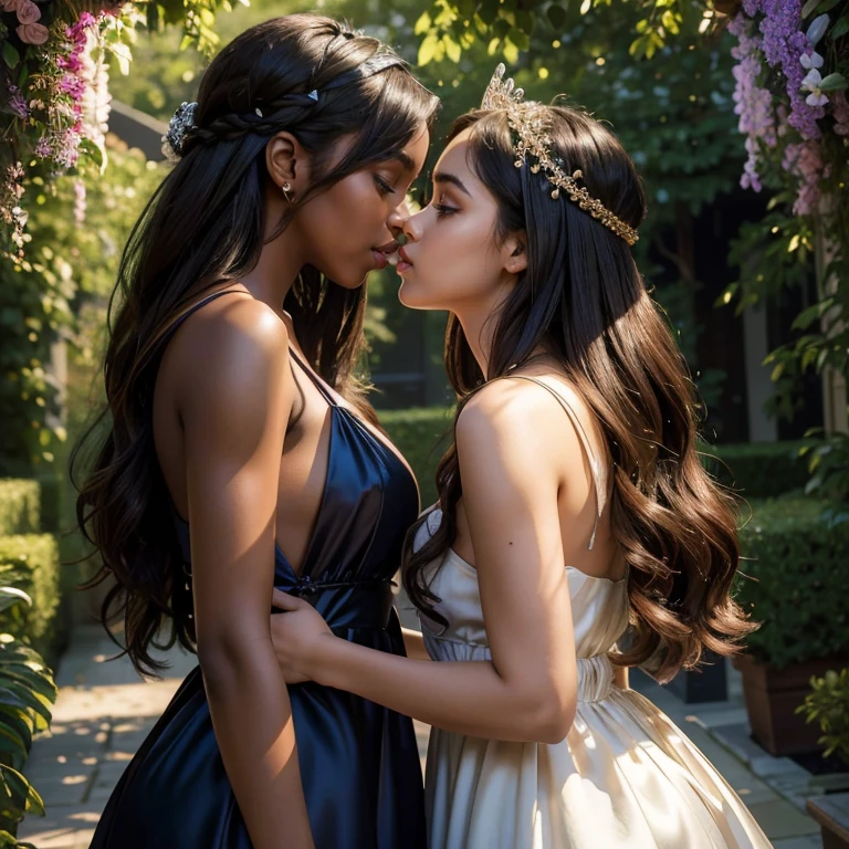 (masterpiece, best quality:1.5), highest quality, High resolution, super detailed, Realists, Upper body photo of a black young girl, dark skin, detailed and beautiful eyes, beautiful detailed lips, very detailed eyes and face, longeyelashes, Jubge girls short dress made of shiny satin fabric, Beautiful and colorful makeup, elegant and noble々Pose,shiny satin headband, grind, Holding flowers, Gardens as background, soft daylight, bright colors, fine brushstrokes, Portrait style, Noble details in the dress fabric, beautiful color palette, glowing skin, First-class rendering, that captures every detail, enchanting atmosphere, subtle shadows and lights, (perfect ???????:1.2), (The two stunning young girls are deeply in love, (kiss:1.2), (magnificent panorama view:1.2)