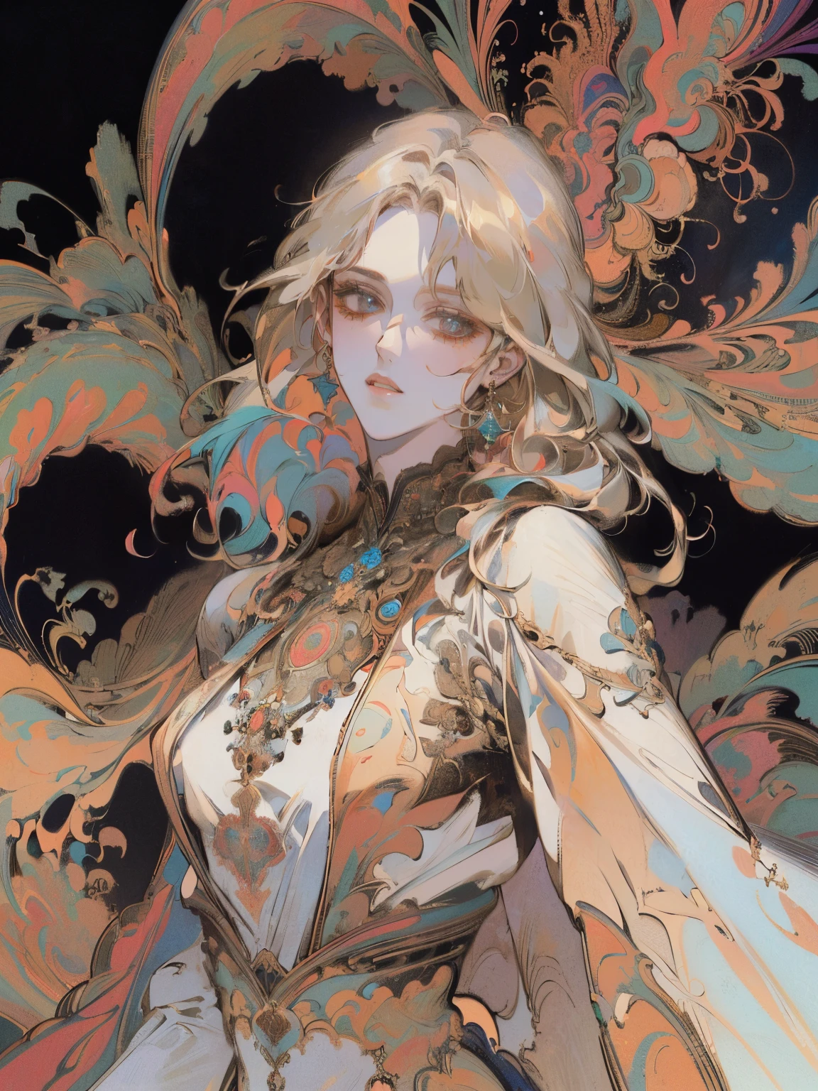 (masterpiece, top quality, best quality, official art, beautiful and aesthetic:1.2), (1girl:1.3), extremely detailed,(fractal art:1.2),colorful,highest detailed,(zentangle:1.2), (dynamic pose), (abstract background:1.5), (treditional dress:1.2), (shiny skin), (many colors:1.4), upper body