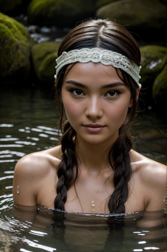 Best Quality, masterpiece, super high resolution, A super model submerged in hot springs in Japan., outdoor hot springs, stone hot springs, surrounded by moss and trees, super beautiful face, pure body, clear pores visible, (smile:0.8), using division (lace headband:1.2), (Realism:1.5), Photo original, soaked body, covered in sweat, bare shoulders, In the dark, deep shadows, low key, cold light