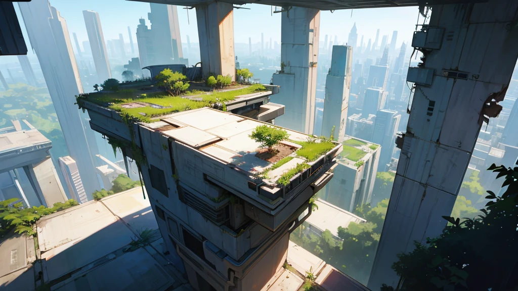 create a scene from the top of a building in the middle of a futuristic city abandoned in ruins with plants already dominating the place like on an RPG table