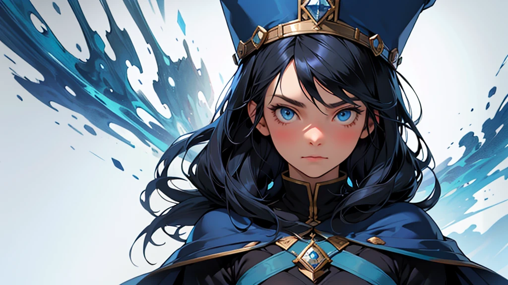 full image, human woman, sharp blue eyes, round face, small slightly upturned nose, shy expression, long blue-black hair, small blue wizard hat pinned to her hair off to one side